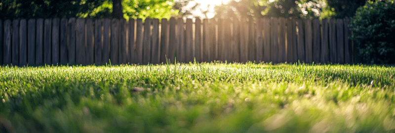 Gazon naturel vert dans un jardin ensoleillé avec clôture en bois.