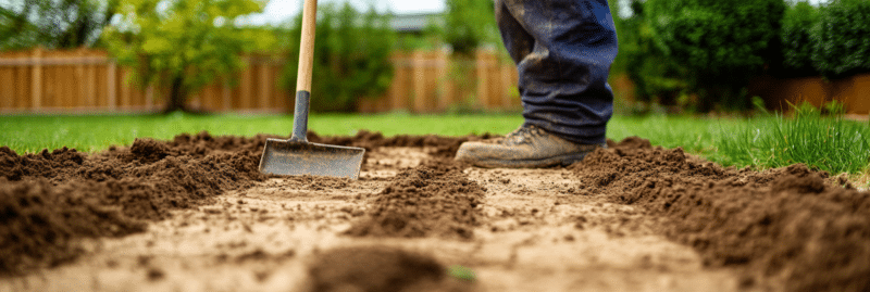 Préparation du terrain avec outils pour monter un abri de jardin. 