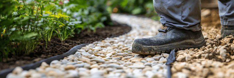 Aménagement d'une allée en gravillons dans un jardin avec des bordures en pierre.