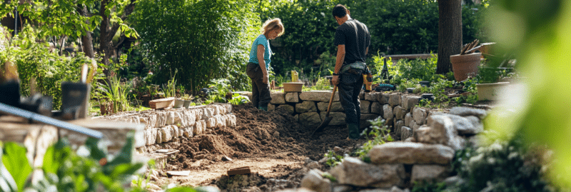 Construction de muret en pierre dans un jardin, réalisée par des experts pour structurer l’espace extérieur.