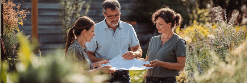 Expert en jardinage discutant avec des clients pour un projet de construction de muret sur mesure.